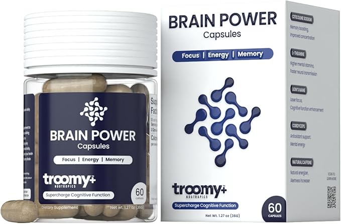 Troomy Brain Power - Focus and Memory Supplement for Brain | Citicoline, Lion's Mane, Cordyceps | Enhance Brain Function and Memory | - 60 Capsules