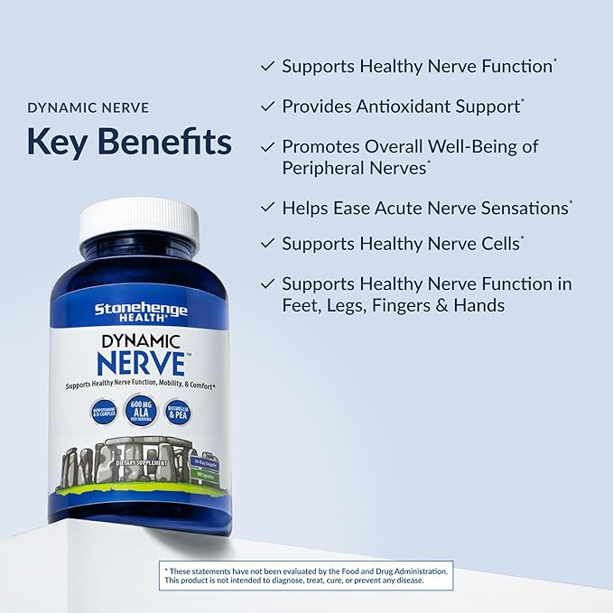 Stonehenge Health Dynamic Nerve Supplement - Supports Nerve Function in Fingers, Toes, Hands, and Feet with Alpha Lipoic Acid ALA, Benfotiamine, Pea, Robust B Complex, Boswellia