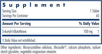 Allergy Research Group Acetyl-Glutathione - S-Acetyl-L-Glutathione, Well Absorbed Oral Immune Support, 100 mg Supplement, Hypoallergenic, Scored Tablets - 60 Count