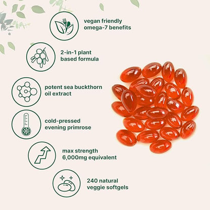 Vegan Omega 7 Sea Buckthorn Oil 6,000mg, 240 Veggie Softgels | 2-in-1 with Evening Primrose Oil | Natural Support for Hair, Skin, & Nails | Combats Dryness | Plant Based, Non-GMO, Gluten Free