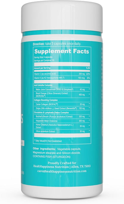 UpNourish Cellulite Vein Health Supplement with Caviar Collagen, SOD DIMPLESS, MOROSIL, Butchers Broom, Horse Chestnut, Leg Wellness and Circulation Support 90ct