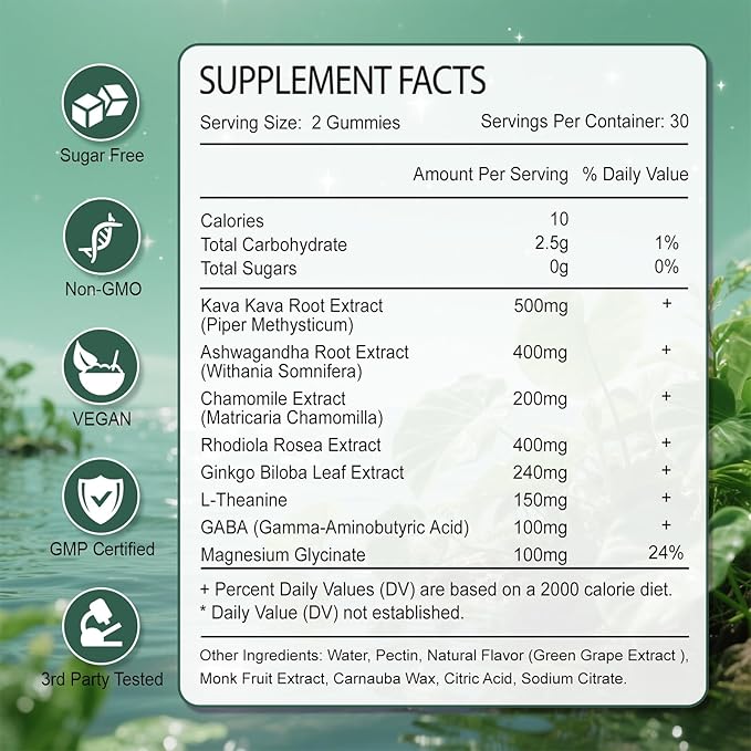 2 Pack Kava Kava Gummies, Kava Kava Root Extract Supplement with Kavalactones, Calm Gummies for Stress Relief & Better Sleep, Kava Supplement for Women & Men, Sugar Free, Vegan, Non-GMO, 120 count