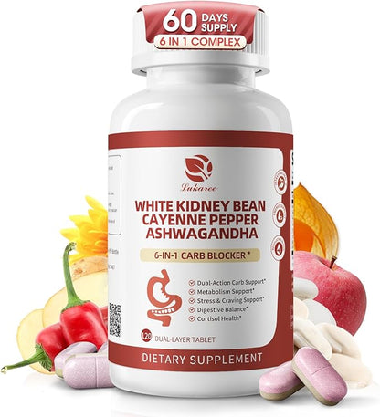 White Kidney Bean Extract, 6 In1 Complex - Cayenne Pepper, Ashwagandha, Apple Pectin, Inulin, Potato Extract for High Absorption, 120 PCS