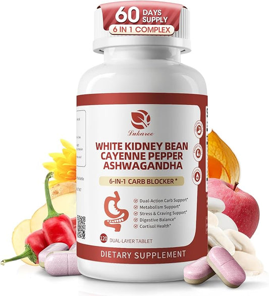 White Kidney Bean Extract, 6 In1 Complex - Cayenne Pepper, Ashwagandha, Apple Pectin, Inulin, Potato Extract for High Absorption, 120 PCS