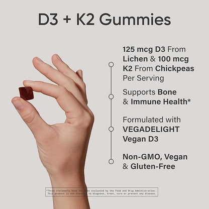 Sports Research® Vegan Vitamin D3 + K2 Gummy Supplements - 5000iu Vitamin D with 100mcg Mk7 Vitamin K - Supports Calcium for Stronger Bones & Immune Health - 60 Gummies for Adults, 1 Month Supply