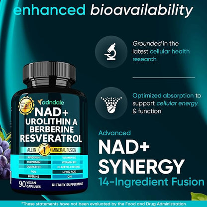 Adndale NAD Supplement for Women and Men. Longevity Formula with Liposomal NAD+, Trans Resveratrol, Urolithin-A, Berberine, CoQ10. NMN Supplement Alternative. 90 Count
