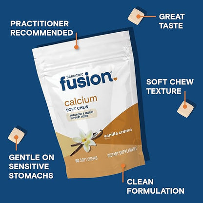Bariatric Fusion Bariatric Calcium Supplement Chews | Calcium Citrate with Vitamin D3 Bariatric Vitamin | Sugar Free Chewable | 500mg | Vanilla | 60 Count