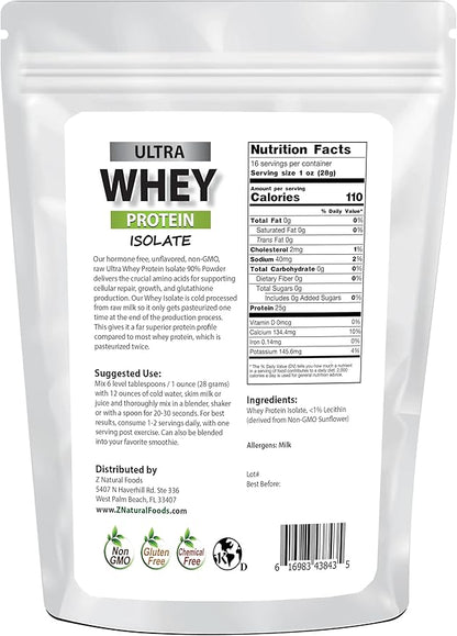 Z Natural Foods Ultra Whey Protein Isolate Powder - Pure, Unflavored, Unsweetened Whey Protein Powder - Flavorless Whey Isolate with Vital Proteins for Fitness, Sports Nutrition, Immune Support, 1 lb