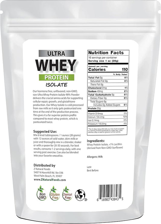 Z Natural Foods Ultra Whey Protein Isolate Powder - Pure, Unflavored, Unsweetened Whey Protein Powder - Flavorless Whey Isolate with Vital Proteins for Fitness, Sports Nutrition, Immune Support, 1 lb