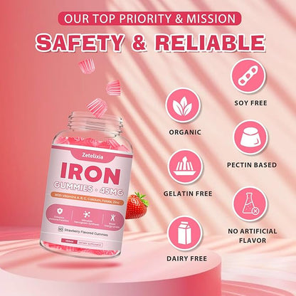 Vegan 2 Pack Iron Supplement Gummies for Women & Men, Anemia, Blood Builder & Energy Support for Iron Deficiency, with Vitamin C, A, B Complex, Folate, CoQ10, Sugar Free, Non-GMO, 120 Count