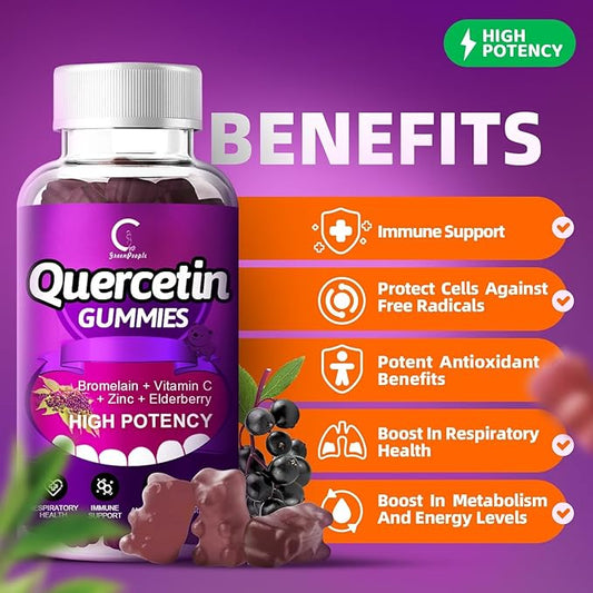 Quercetin Gummies - Quercetin with Bromelain, Vitamin C, Zinc & Elderberry, Extra Strength Immune System Booster, Lung Support Supplement for Adults Kids - 60 Quercetin Gummies (2 Pack)