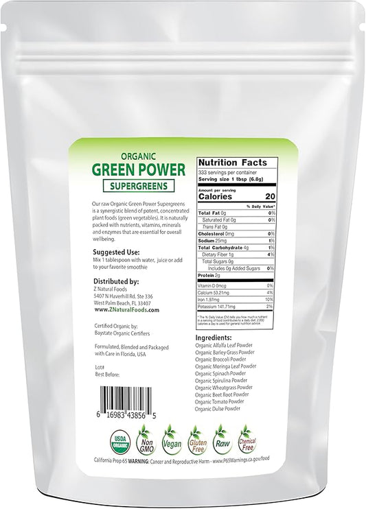 Z Natural Foods Organic Greens Superfood Powder - Barley Grass, Wheatgrass, Spirulina, Spinach, Broccoli, Alfalfa Leaf, Beet Root, Tomato, Dulse & Moringa - Raw Vegan Gluten Free - 5lbs