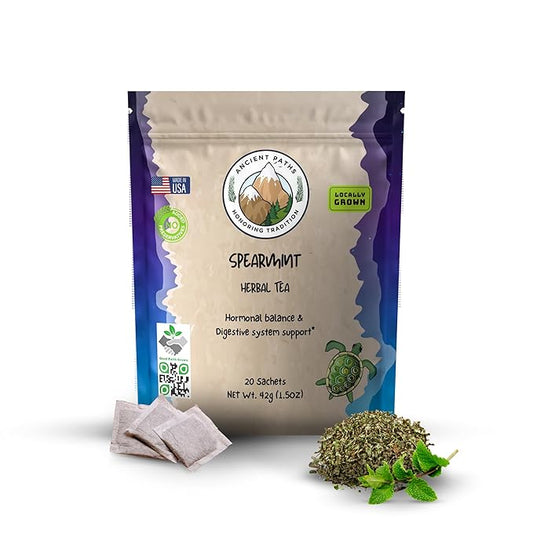 Ancient Paths Spearmint Herbal Tea - Hormone Balance & Gut Support - 100% Pure Dried Spearmint Leaves - Caffeine-Free Tea - Sustainable Tea Bags & USA Grown (20 Sachets)