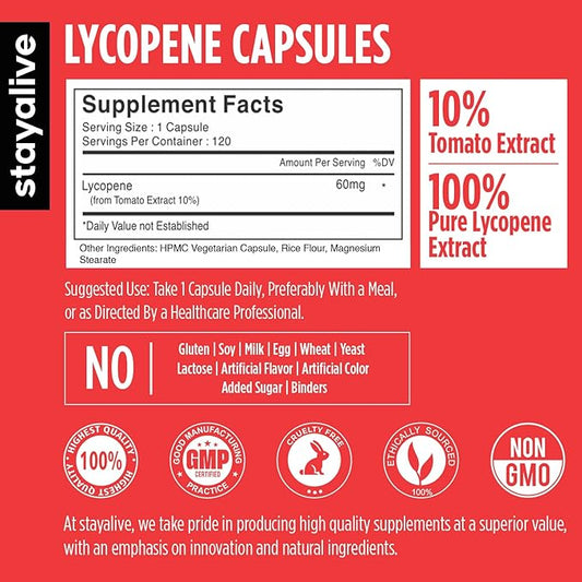 STAY ALIVE Lycopene Supplement for Men 60mg, Natural Tomato Extract Powder, 120 Capsules with 4 Months Supply, 100% Veg Lycopene Complex, Non-GMO and Gluten Free Carotenoid Supplement