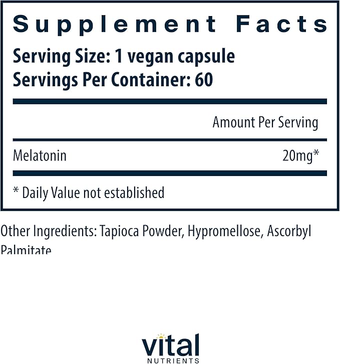 Vital Nutrients Melatonin 20mg | Vegan | Sleep Supplement to Support The Body's Natural Sleep Cycle* | Gluten, Dairy, Soy Free | 60 Capsules