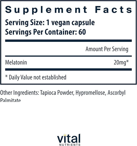 Vital Nutrients Melatonin 20mg | Vegan | Sleep Supplement to Support The Body's Natural Sleep Cycle* | Gluten, Dairy, Soy Free | 60 Capsules