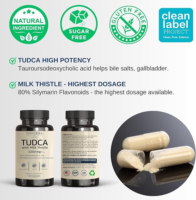 TUDCA Milk Thistle 1250mg - Tudca Supplement, Tudca Bile Salts, Liver Support, Gallbladder Supplements *USA Made and Tested* Bile Salts Supplement - 90 Capsules