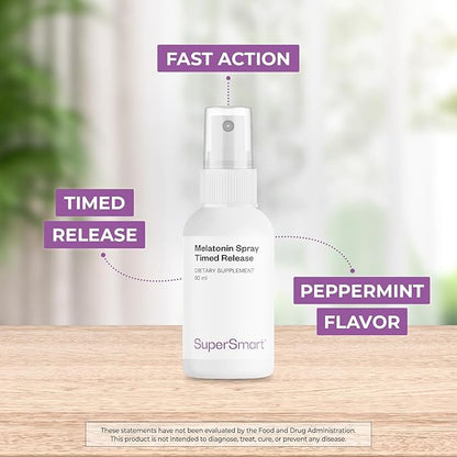 Supersmart - Melatonin Spray 1mg per Day (Fast Action & Timed Release) - Natural Pepper Mint Flavor - Melatonin Spray for Sleep | Non-GMO & Gluten Free - 60 ml