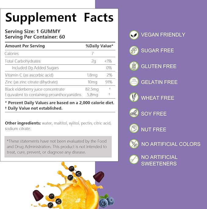 Sambucus Elderberry Gummies, Black Elderberry Gummy with Zinc and Vitamin C for Adults, Sugar Free Kids Multivitamin Gummies Immune Support* Supplement (2 Pack)
