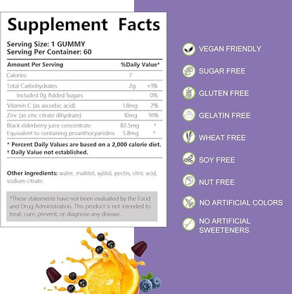 Sambucus Elderberry Gummies, Black Elderberry Gummy with Zinc and Vitamin C for Adults, Sugar Free Kids Multivitamin Gummies Immune Support* Supplement (2 Pack)