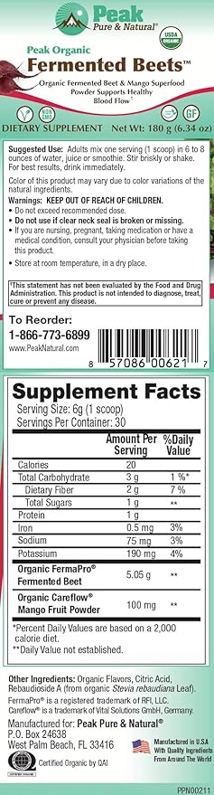 Peak Pure & Natural Peak Organic Fermented Beets - Organic Fermented Beet Powder Superfood Drink Powder - Nitric Oxide Supplement Support for Normal Blood Pressure
