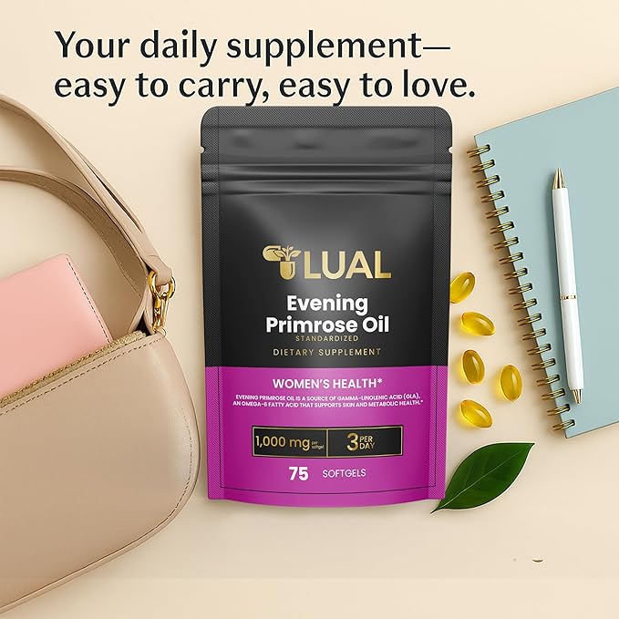 Women's Health Evening Primrose Oil Softgels | Omega-6 Fatty Acid for Women's Health | Lual Evening Primrose Oil Capsules 1000mg 75 Count