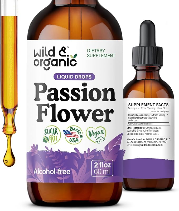 Wild & Organic Passionflower Tincture - Relaxing Passion Flower Drops for Women - Liquid Passiflora Incarnata Herb - Vegan, Sugar & Alcohol-Free Extract Supplement - 2 fl oz