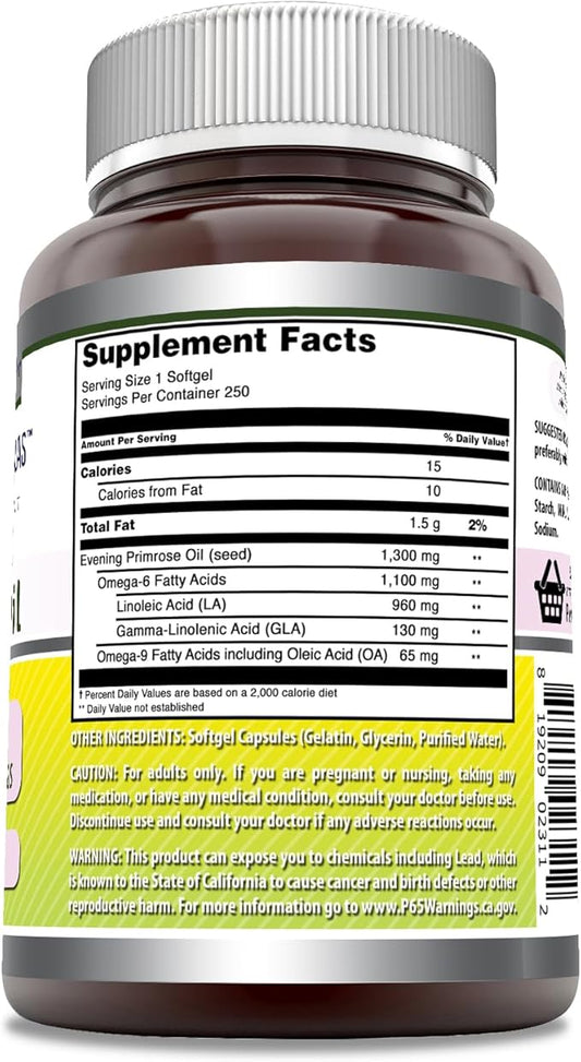 Amazing Formulas Evening Primrose Oil 1300mg, 10% GLA, Softgels Supplement | Hexane Free Cold Pressed Oil | Non-GMO | Gluten Free (250 Count)