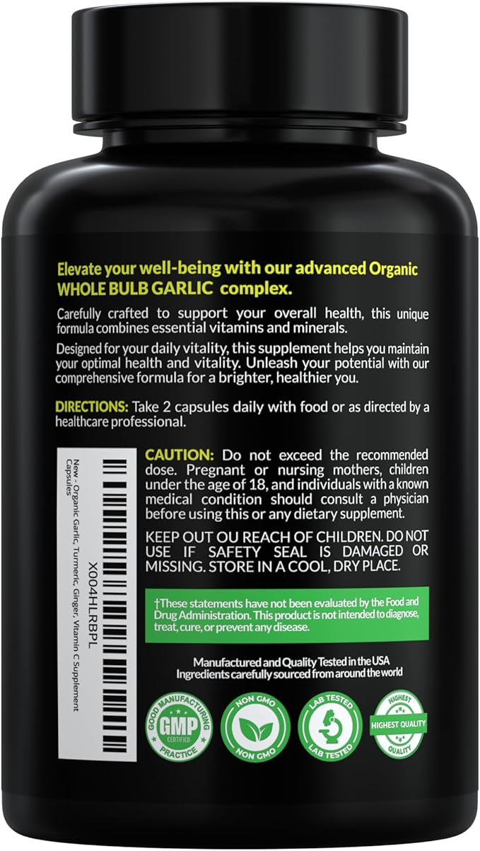 4-in-1 Organic Odorless Garlic with Black Turmeric Supplements, 1900 mg Organic Whole Bulb Garlic, Turmeric, Ginger Extract & Vitamin C (90 ct)