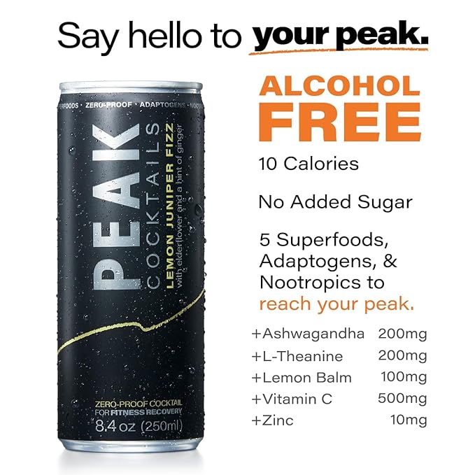 Peak Cocktails Non-Alcoholic Cocktail | Adaptogens, Nootropics, Superfoods for Recovery, Calm, Sleep | Ashwagandha, Tart Cherry, L-Theanine | Mixologist-crafted | Lemon Juniper Fizz | 8.4 oz, 12-Pack