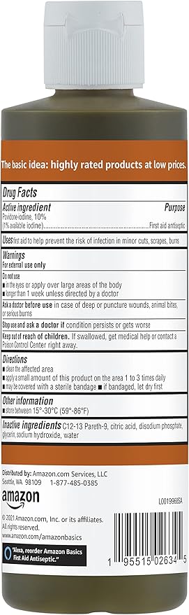 Amazon Basics First Aid Antiseptic, 10% Povidone Iodine Solution First Aid Antiseptic, Unflavored, 8 Fluid Ounces, 1-Pack (Previously Solimo)