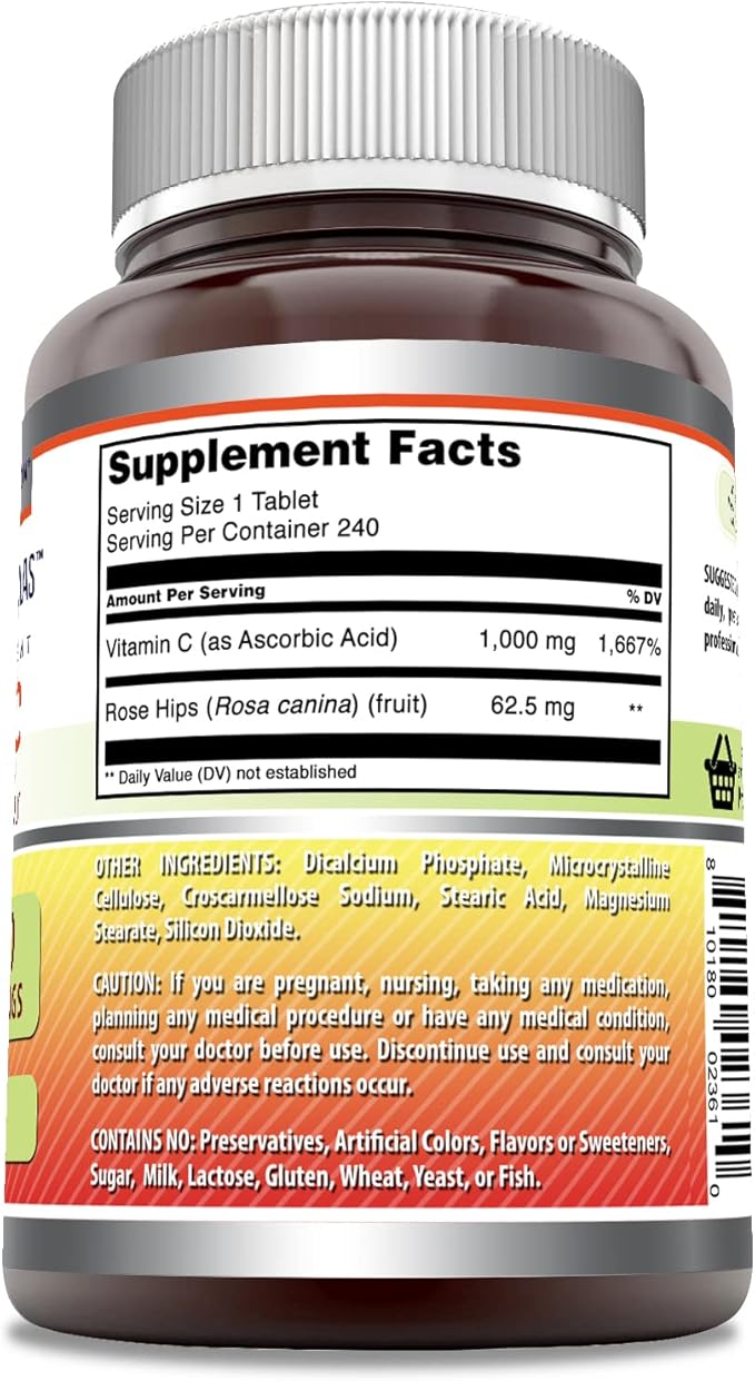 Amazing Formulas Vitamin C with Rose HIPS 1000 Mg 240 Tablets Supplement | Non-GMO | Gluten Free | Made in USA