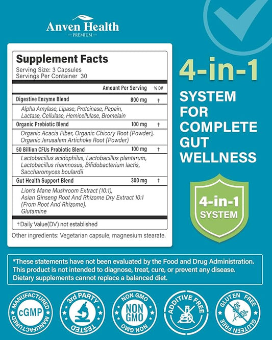 800mg Digestive Enzymes for Men and Women with Probiotics & Prebiotics, 8 Key Enzymes, Protease, Amylase & Lipase | 180 Capsules - A 60-Day Supply for Bloating & Gas Relief - Non-GMO