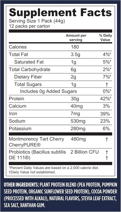Vega Protein + Recovery - 30g Plant-Based Protein per Serving, Chocolate, 12 x 1.6oz Sachets, 5g BCAAs, Probiotics, NSF Certified, For Shakes & Smoothies, (Packaging May Vary)