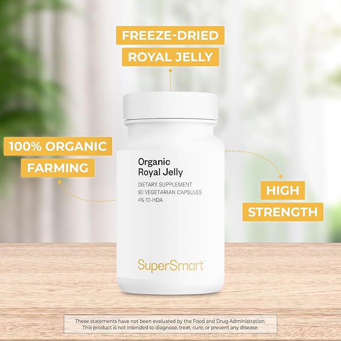 Supersmart - Organic Royal Jelly 300mg per Day (High Strength 4% 10-HDA) - Freeze-Dried Fresh Royal Jelly Supplement | Non-GMO & Gluten Free - 90 Vegetarian Capsules