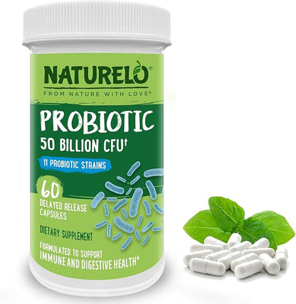 NATURELO Probiotics for Digestive Health - 50 Billion CFU, 11 Strains Daily Supplement - Boosts Immune System, Delayed Release, 60 Vegetarian Capsules