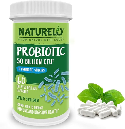 NATURELO Probiotics for Digestive Health - 50 Billion CFU, 11 Strains Daily Supplement - Boosts Immune System, Delayed Release, 60 Vegetarian Capsules
