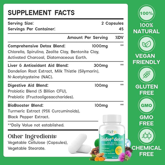 15-in-1 Detox Binder, Activated Charcoal, Zeolite & Bentonite Clay, Chlorella, 1500 MG Detox Supplement Maximum Absorbent, Liver Gut Digestive Detox Cleanse, 270 Vegan Capsules