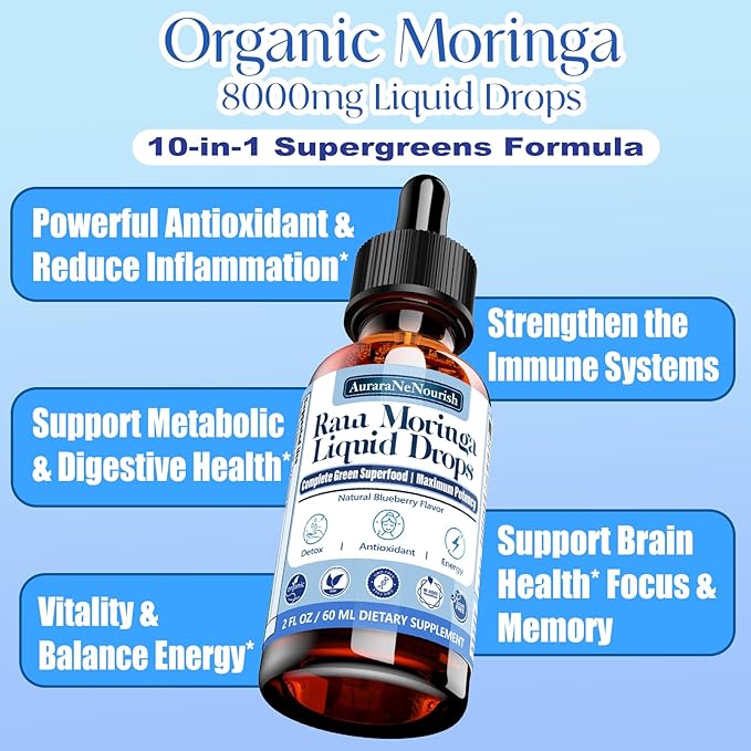 2 Pack Organic Moringa Liquid Drops, 100% Raw Moringa Oleifera Leaf & Green Antioxidant Superfood Blend of Wheatgrass, Barley Grass for Antioxidant Immune, 6X Absorption Than Moringa Capsules powder