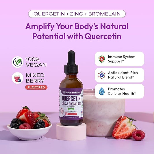 Quercetin with Bromelain & Zinc (5mg) Liquid Drops – Immune Support for Adults & Kids – Ultra-Concentrated Bioflavonoids – Immune Defense – Cellular Health – Vegan, Non-GMO, Gluten Free – 2 Fl Oz