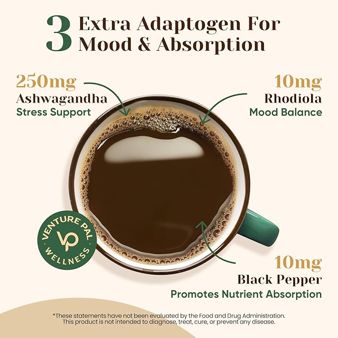Venture Pal 16-in-1 Mushroom Powder 17,300mg with Adaptogens for Coffee & Tea | Ashwagandha, Lion’s Mane, Rhodiola | 10:1 Extract from 100% Fruiting Bodies | 90 Servings