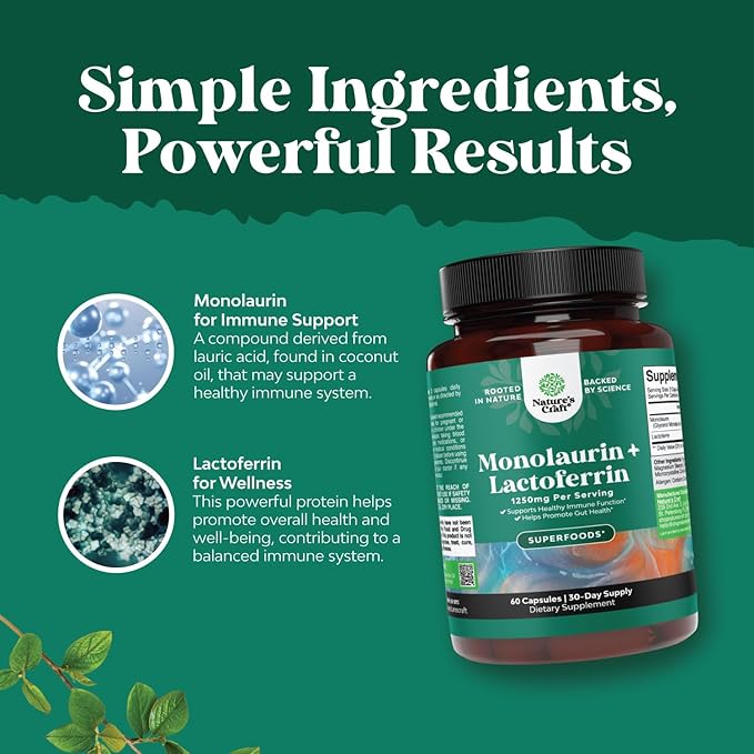Natures Craft High Strength 250mg Lactoferrin & 1000mg Monolaurin Supplement (30 Servings) - Microbiome Digestive Health Immune Support Supplement - Lactoferrin and Monolaurin Capsules - Vegetarian