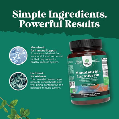 Natures Craft High Strength 250mg Lactoferrin & 1000mg Monolaurin Supplement (30 Servings) - Microbiome Digestive Health Immune Support Supplement - Lactoferrin and Monolaurin Capsules - Vegetarian