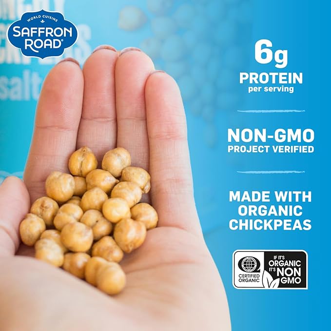 Saffron Road Roasted and Crunchy Sea Salt Chickpeas | High Protein Snacks | Certified Organic, Gluten-free, Vegan, Non-GMO, and Certified Halal and Kosher | 5.4oz Pouch | Pack of 6