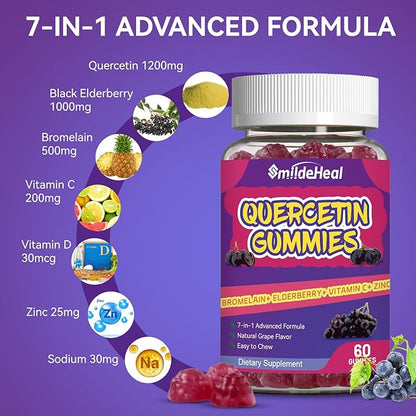 Quercetin Gummies 1200MG, Quercetin Gummies with Bromelain, Zinc Vitamin C, Quercetin Supplement Gummies for Adult & Kid, 60 Vegan Gummies