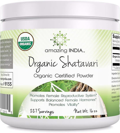 Amazing India USDA Certified Organic Shatavari Powder | 2 Grams | 227 Servings | Non-GMO | Gluten-Free | Made in USA