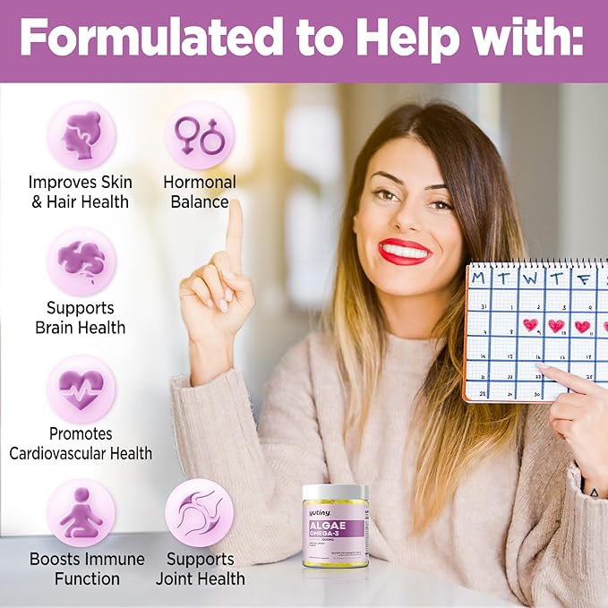 Vegan Omega 3 Gummies for Women, Algae Omega 3 1000mg Supplement with DHA, EPA, GLA, Vitamin A, E, B12, Folate, Skin & Brain Health, Sugar Free, 60 Count