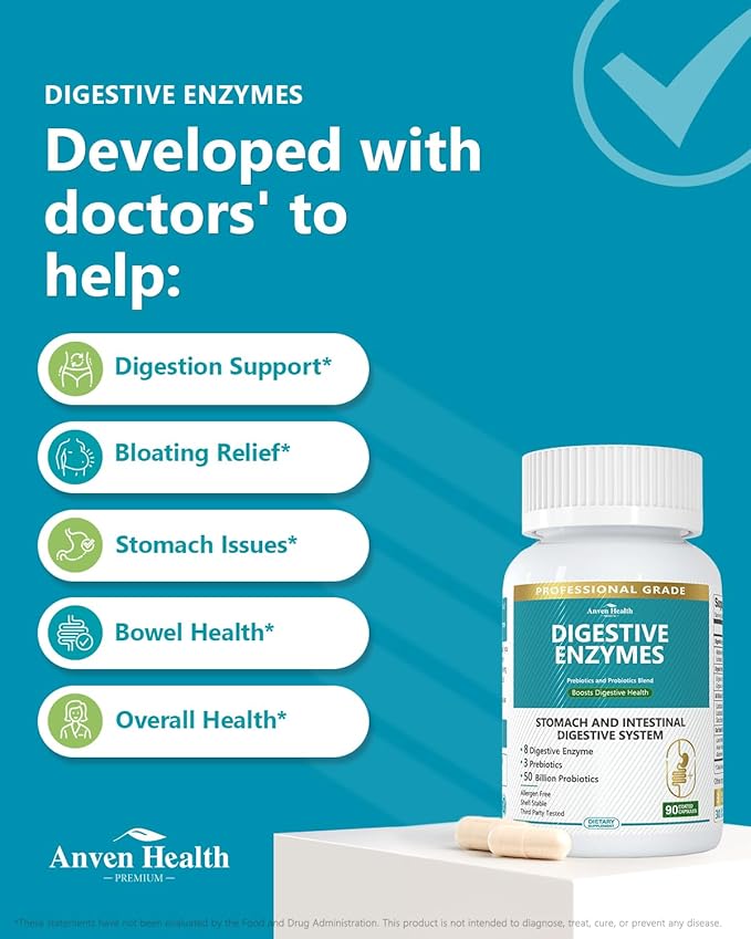 800mg Digestive Enzymes for Men and Women with Probiotics & Organic Prebiotics, 8 Key Enzymes, Protease, Amylase & Lipase for Bloating, Gas Relief, Non-GMO | 90 Capsules