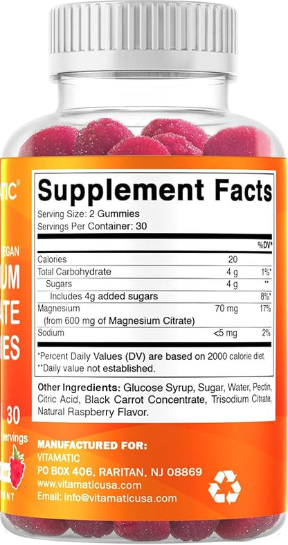 Vitamatic Magnesium Gummies 600mg per Serving – 60 Vegan Count for Relaxation, Muscle, Bone, and Energy Support