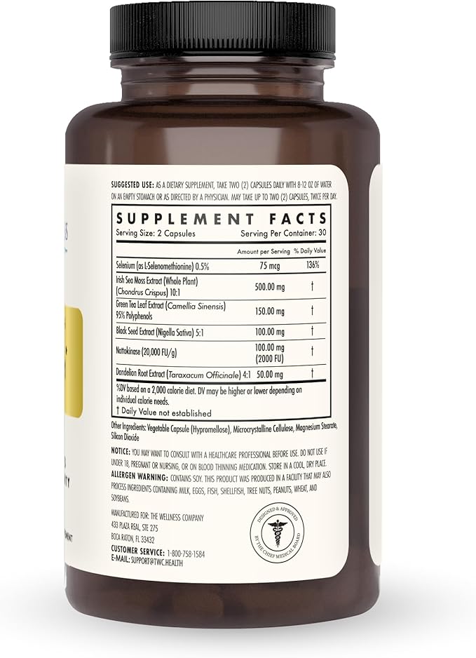 The Wellness Company Spike Support - Detox, Immune Health, Blood Flow, Anti-Clotting - Nattokinase, Dandelion Root, & Black Sativa | 60ct (1 Month Supply)
